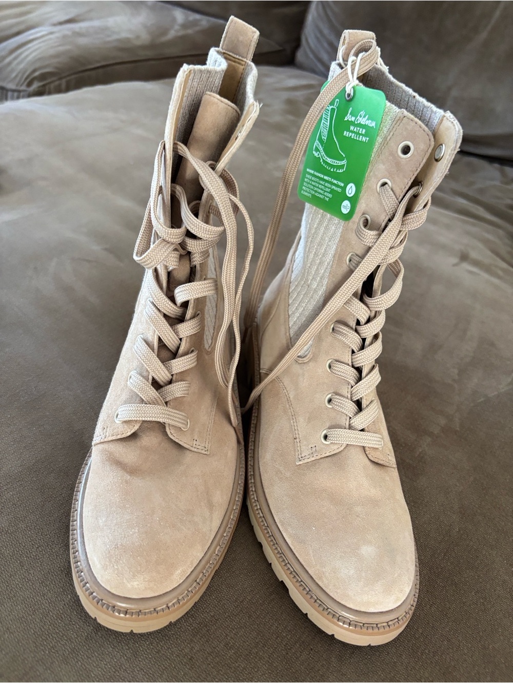 Brand New Suede Lace-Up Combat Boots in Beige